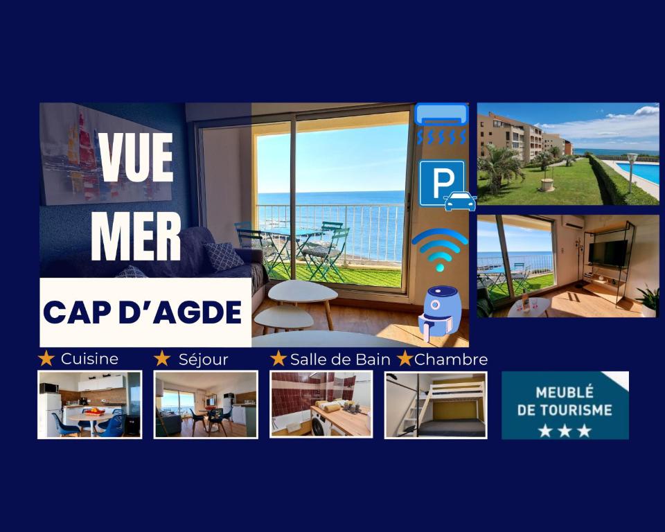 un collage de photos d'une maison avec vue sur l'océan dans l'établissement Appartement magnifique vue Mer tout confort, au Cap d'Agde