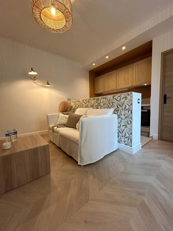 un salon avec un canapé blanc et une cuisine dans l'établissement Le Darcy - Entre Gare et Ville, à Dijon