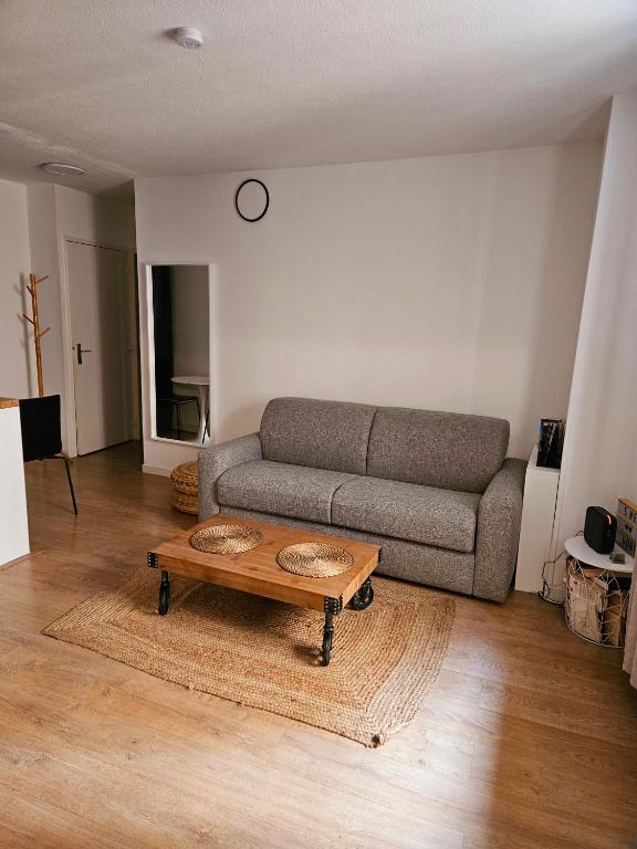 un salon avec un canapé et une table basse dans l'établissement Appart Cosy Bordeaux centre, à Bordeaux