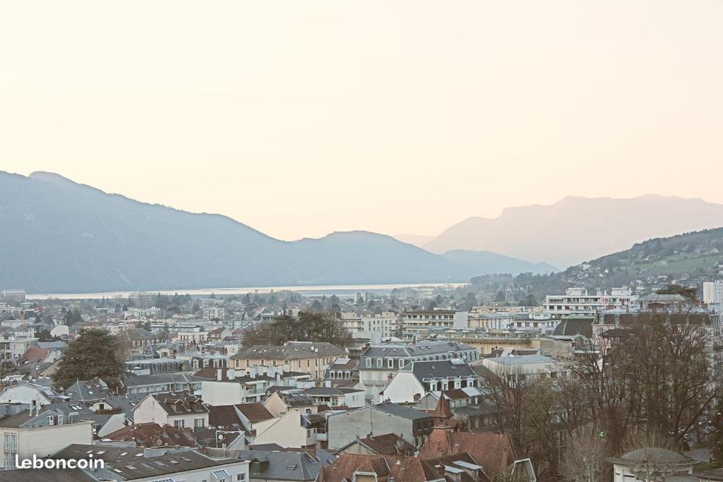 una ciudad con edificios y montañas en el fondo en Coquette Suite au Bernascon Appartement 2 étoiles avec avec vue Lac, en Aix-les-Bains