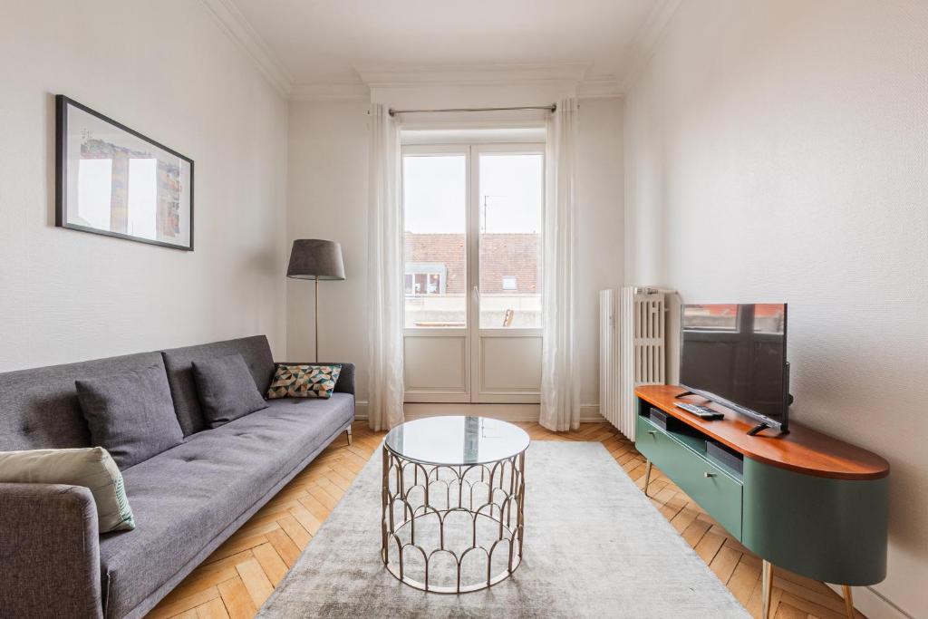 un salon avec un canapé et une télévision dans l'établissement Berne, à Strasbourg