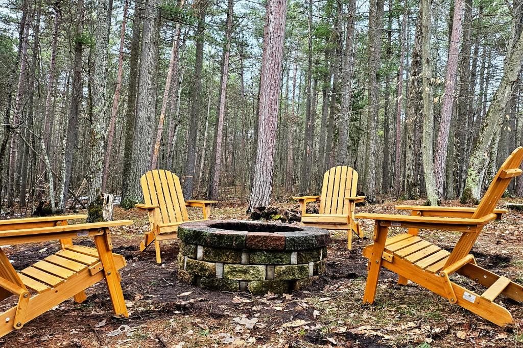 a group of chairs and a fire pit in the woods at ADK Forest Cabin near Lake Placid with Hot Tub and Ice Bath in Jay