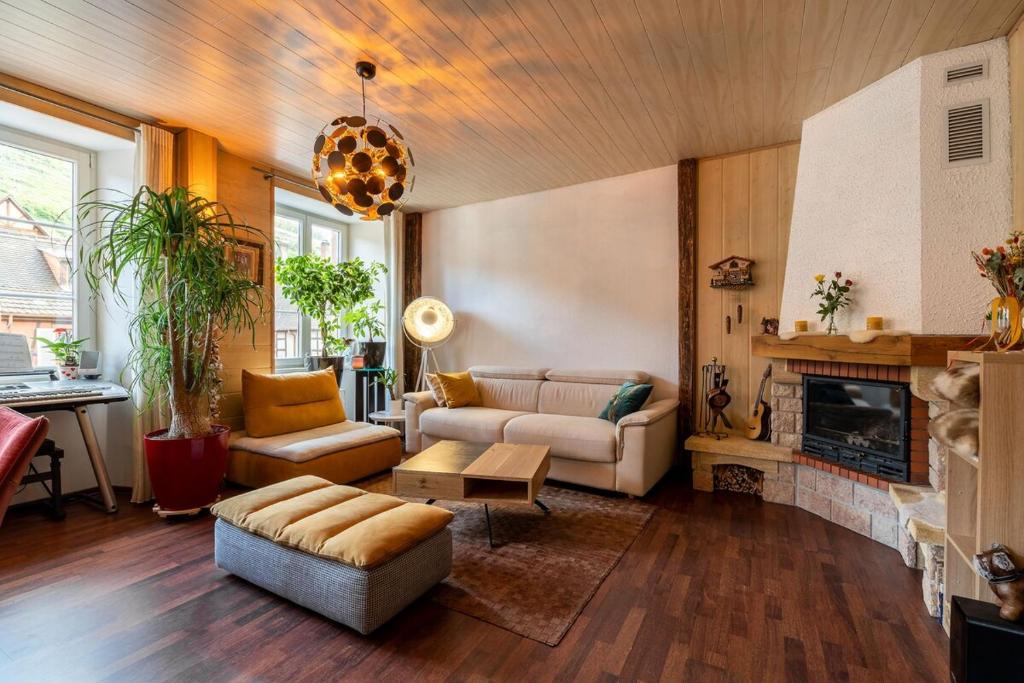 un salon avec un canapé et une cheminée dans l'établissement Meublé de tourisme 4 étoiles, Centre historique, à Kaysersberg