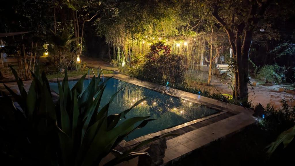a swimming pool in a yard at night at Villa Habarana in Habarana