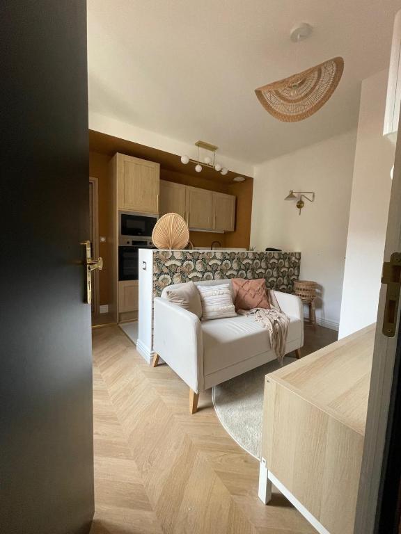 un salon avec un canapé et une cuisine dans l'établissement Le Darcy Bis - Entre Gare et Ville, à Dijon