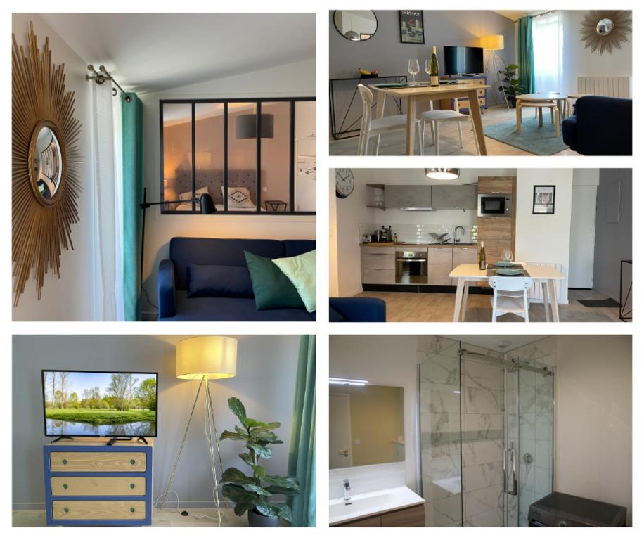 un collage de photos d'un salon et d'une cuisine dans l'établissement La Chabotine -T2 Calme, et Lumineux, à Niort