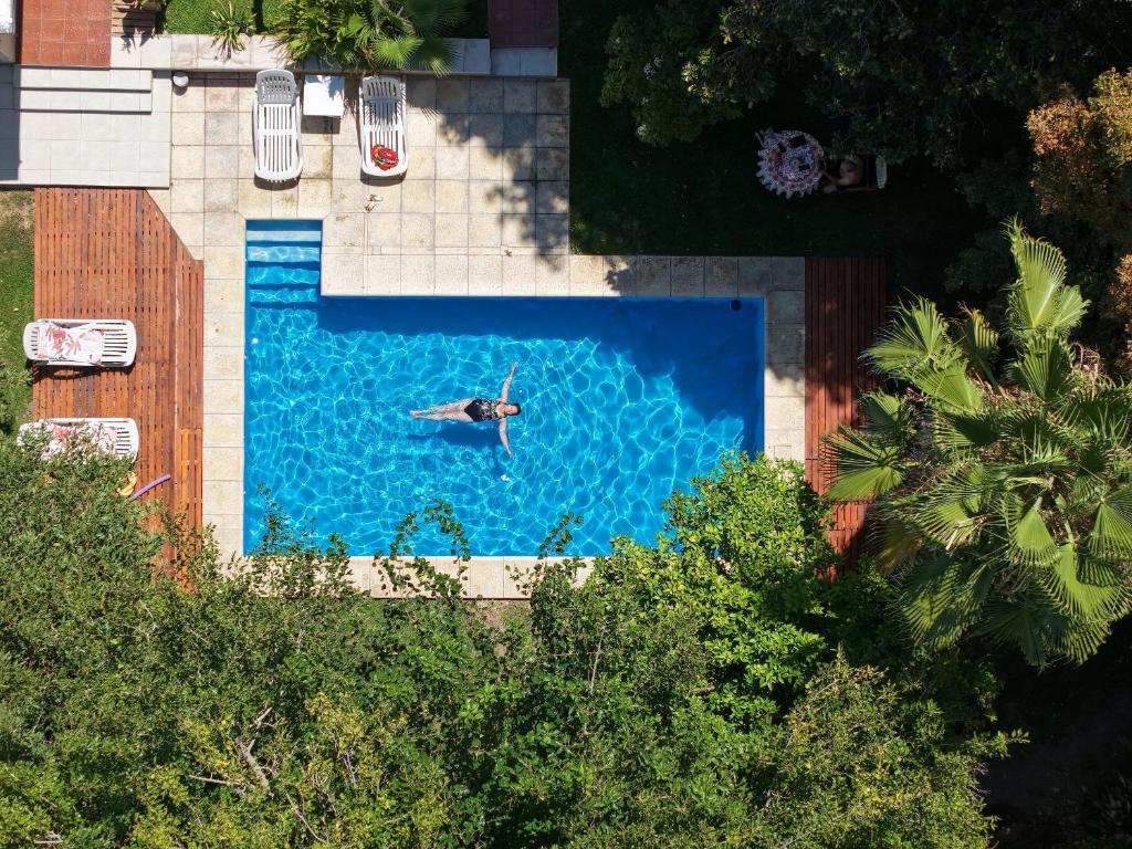 eine Draufsicht auf einen Mann, der in einem Schwimmbecken schwimmt in der Unterkunft Buen Viaje Mendoza in Mendoza