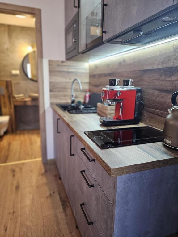 a kitchen with a red appliance on a counter at Mi Casa Vino in Mosonmagyaróvár