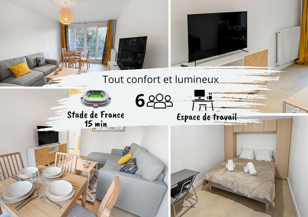 un salon avec un canapé et une télévision dans l'établissement Balcon Lumineux et Cuisine équipée, à Villeneuve-la-Garenne