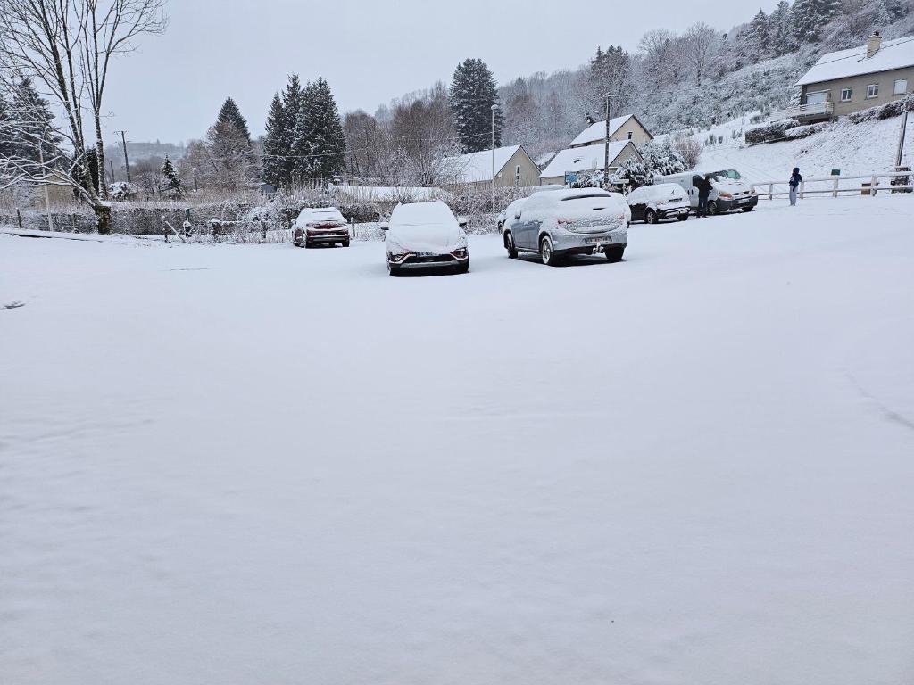 un groupe de voitures garées dans un parking couvert de neige dans l'établissement Kiki, à La Bourboule