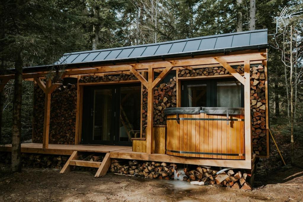 a cabin in the woods with a solar roof at Domki pod Halą Krupową - Tiny House w Lesie in Sidzina