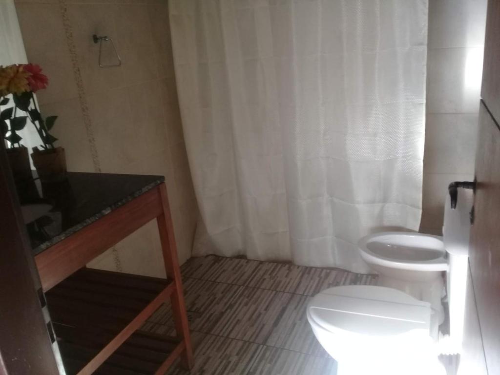 a small bathroom with a toilet and a sink at Villa del Sol in Salta