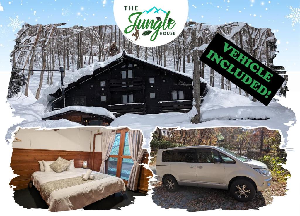 una foto de una cabaña con cama y coche en The Jungle House - Hakuba, en Hakuba