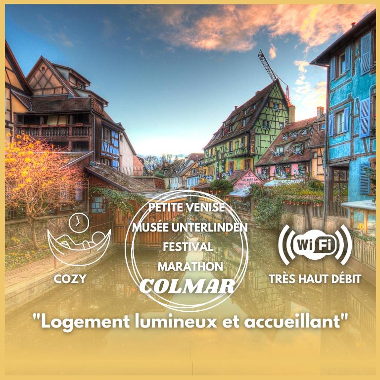 un panneau indiquant un complexe avec des maisons en arrière-plan dans l'établissement Le Bretzel Petite Venise Vieille Ville City Center Wi-Fi, à Colmar