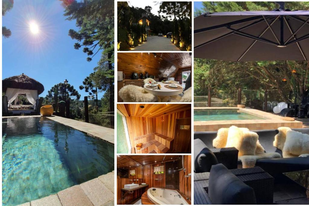 a collage of pictures of a swimming pool at Chalét com jacuzzi sauna lareira e telao cinema in Campos do Jordão