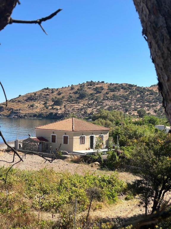 a house on the shore of a body of water at Ambelos, Lesvos Beach House in Koustáros