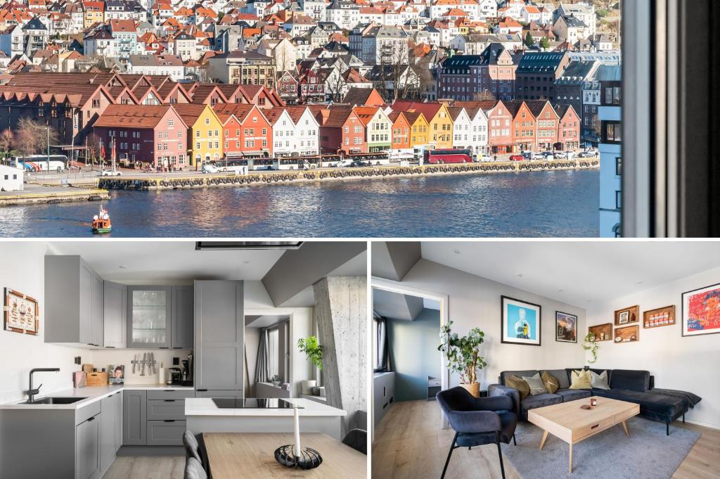 Hotel Nordnes - Amazing view of Bryggen!, a living room and kitchen with a view of a city at Nordnes - Amazing view of Bryggen! in Bergen