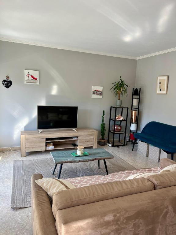 un salon avec un canapé et une télévision à écran plat dans l'établissement Appartement 6 personnes, à Saint-Raphaël