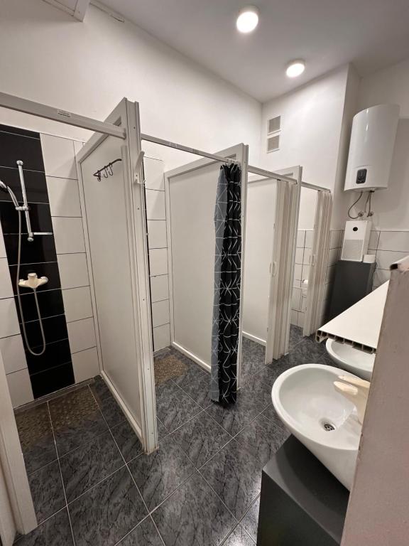 łazienka z prysznicem, toaletą i umywalką w obiekcie Crazy House Hostel w Puli