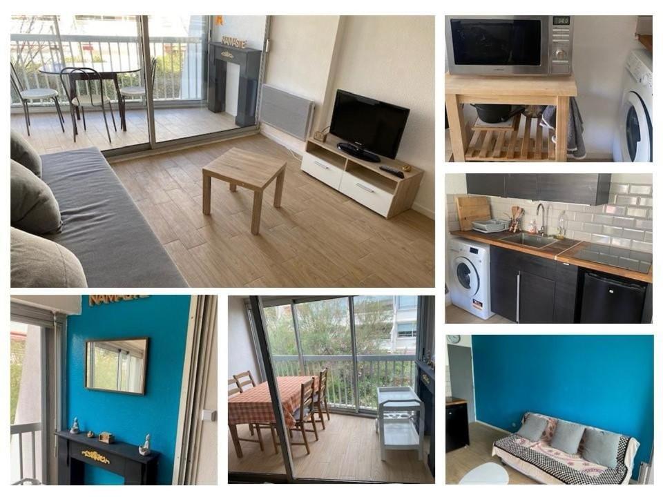 un collage de photos d'un salon et d'une cuisine dans l'établissement Cozy and modern studio, à La Grande Motte