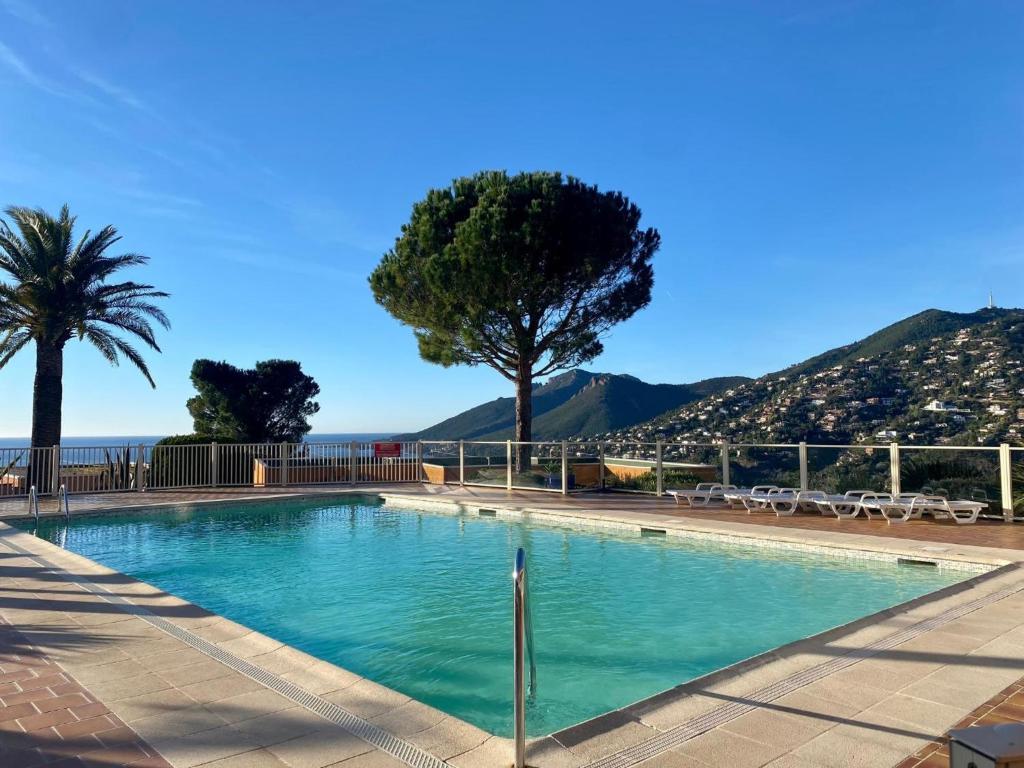 une piscine avec un palmier et des montagnes en arrière-plan dans l'établissement Vue Mer Et Jardin, à Théoule-sur-Mer