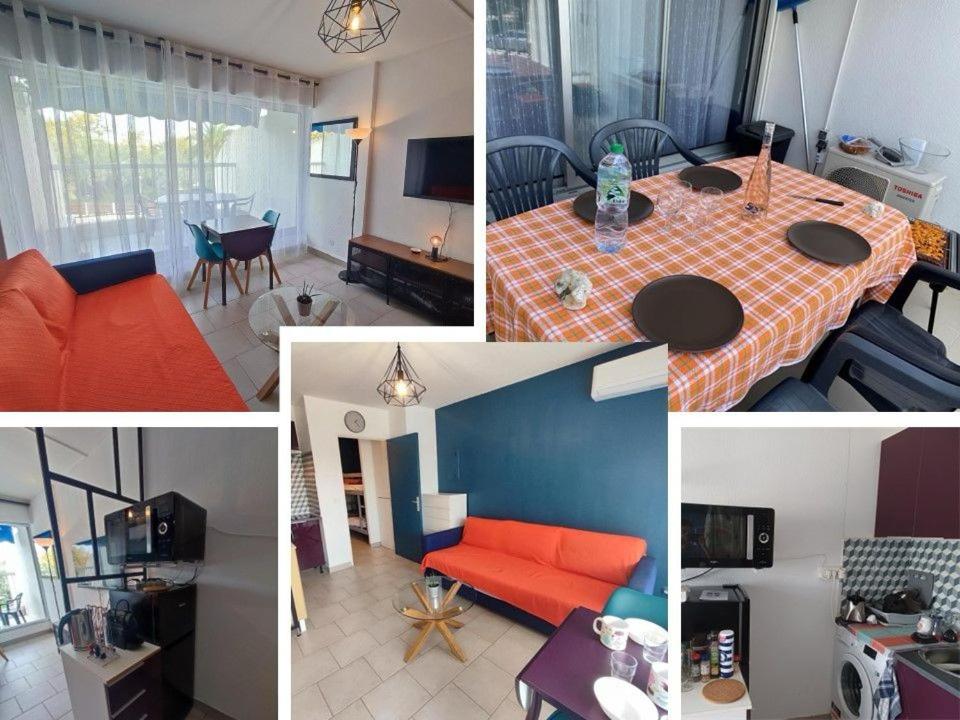 un collage de photos d'un salon et d'une salle à manger dans l'établissement 1st line modern studio-private parking, à La Grande Motte