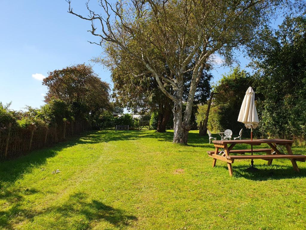 einen Picknicktisch und einen Regenschirm auf einem Feld in der Unterkunft East View Cottage iow in Chalegreen