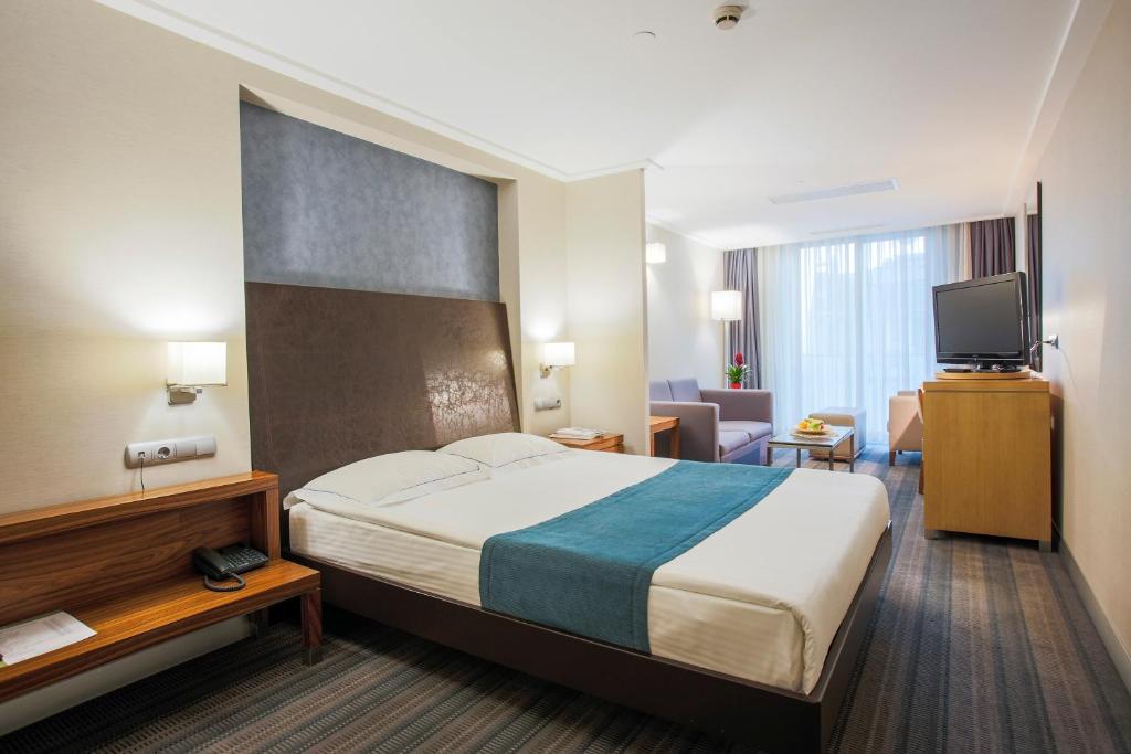 イスタンブールにあるハウスィズ スイーツ ＆ アパートメンツ スペシャル クラスのベッドとテレビが備わるホテルルームです。