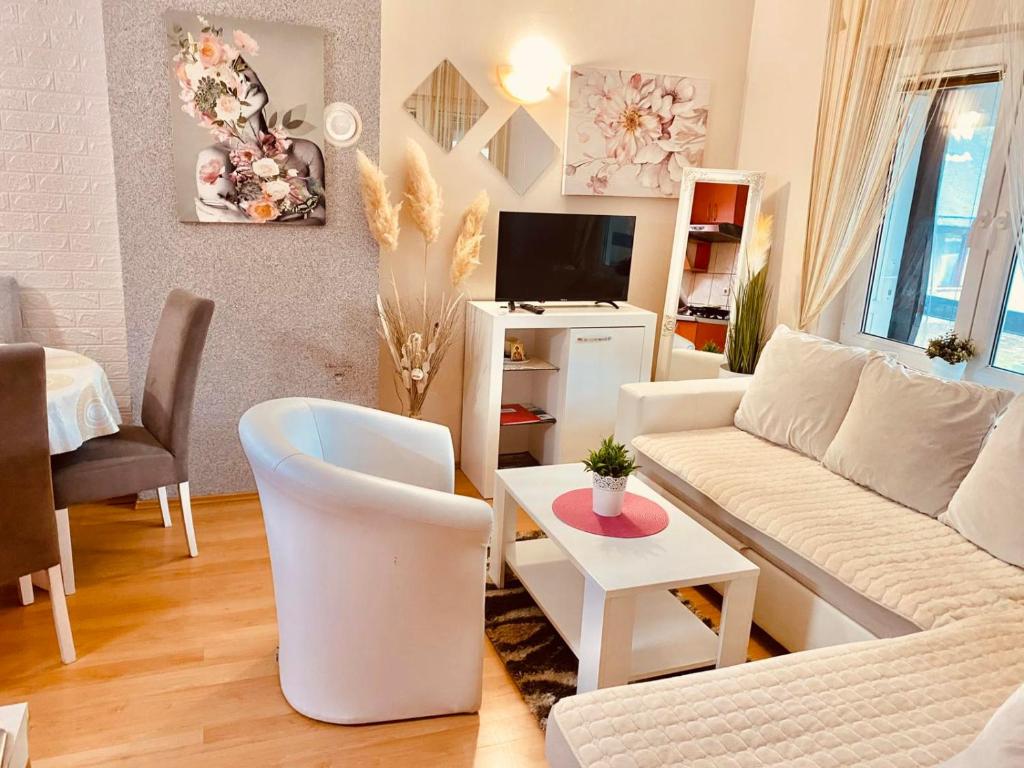 a living room with a white couch and a tv at Apartman Sanja Divčibare in Divčibare
