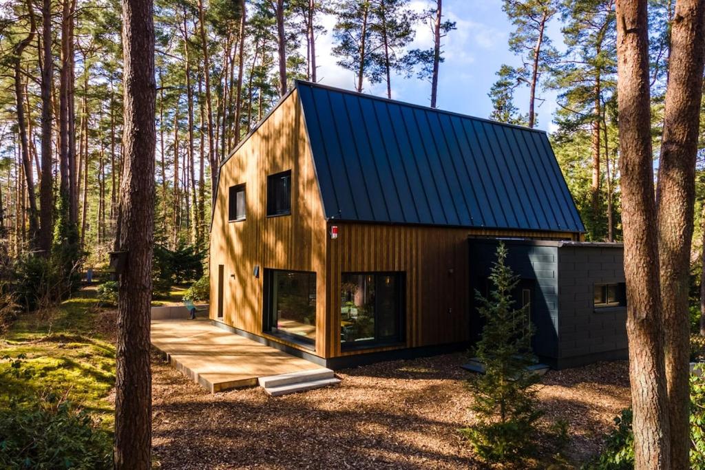 een huis in het bos met een blauw dak bij Waldvilla Haus Gustav am Ostseestrand in Lubmin