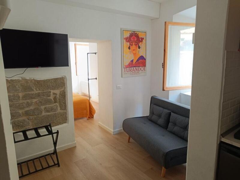 a living room with a couch and a flat screen tv at Castle apartment Aga in Uzzano