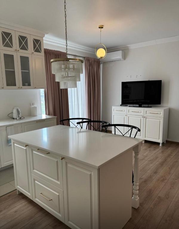 a kitchen with a white island in a room at Danydumbravita in Dumbrăviţa