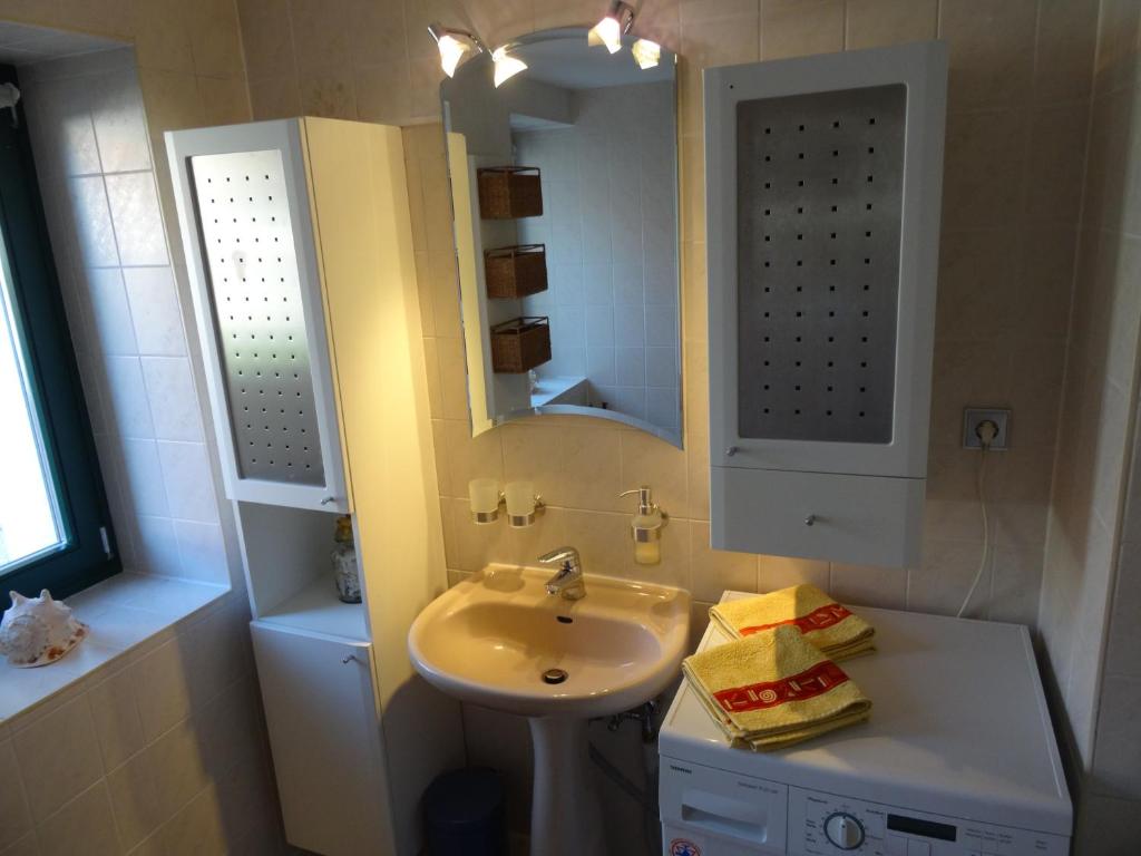 a small bathroom with a sink and a mirror at Apartment Zum Keulenbergblick in Laußnitz