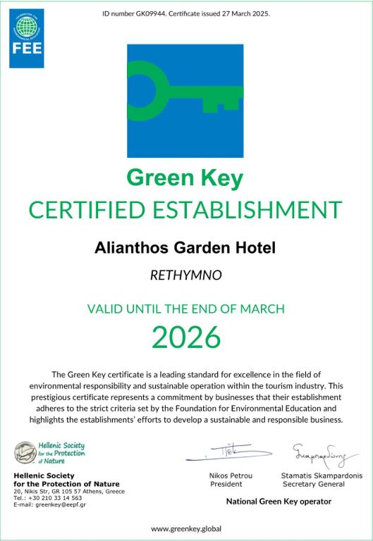 Certifikát, hodnocení, plakát nebo jiný dokument vystavený v ubytování Alianthos Garden