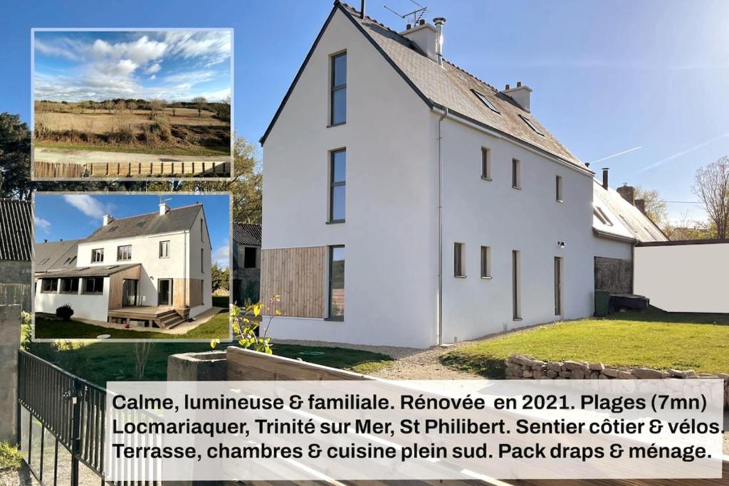 un collage de trois photos d'une maison blanche dans l'établissement Maison lumineuse à 7mn plages, 5mn de La Trinité, à Saint-Philibert