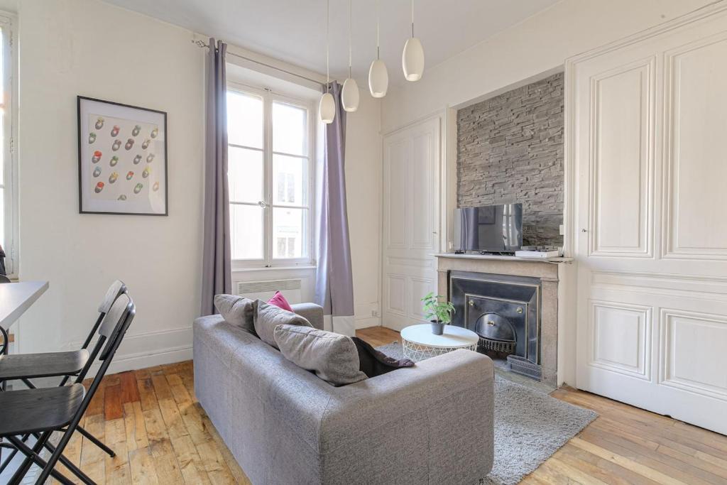 un salon avec un canapé et une cheminée dans l'établissement Joli studio fonctionnel, 2 personnes, Charpennes, à Villeurbanne