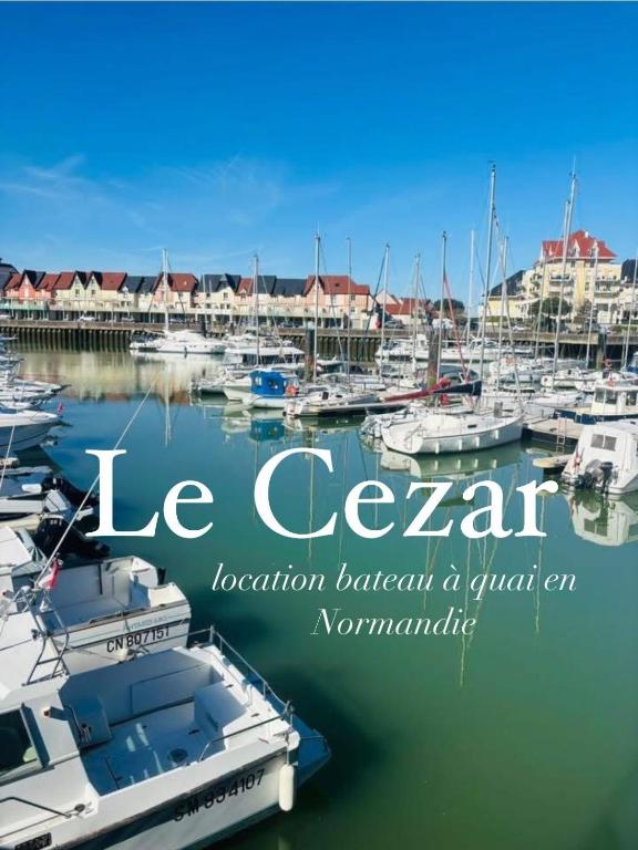 a group of boats docked in a marina at Bateau Le Cezar in Dives-sur-Mer