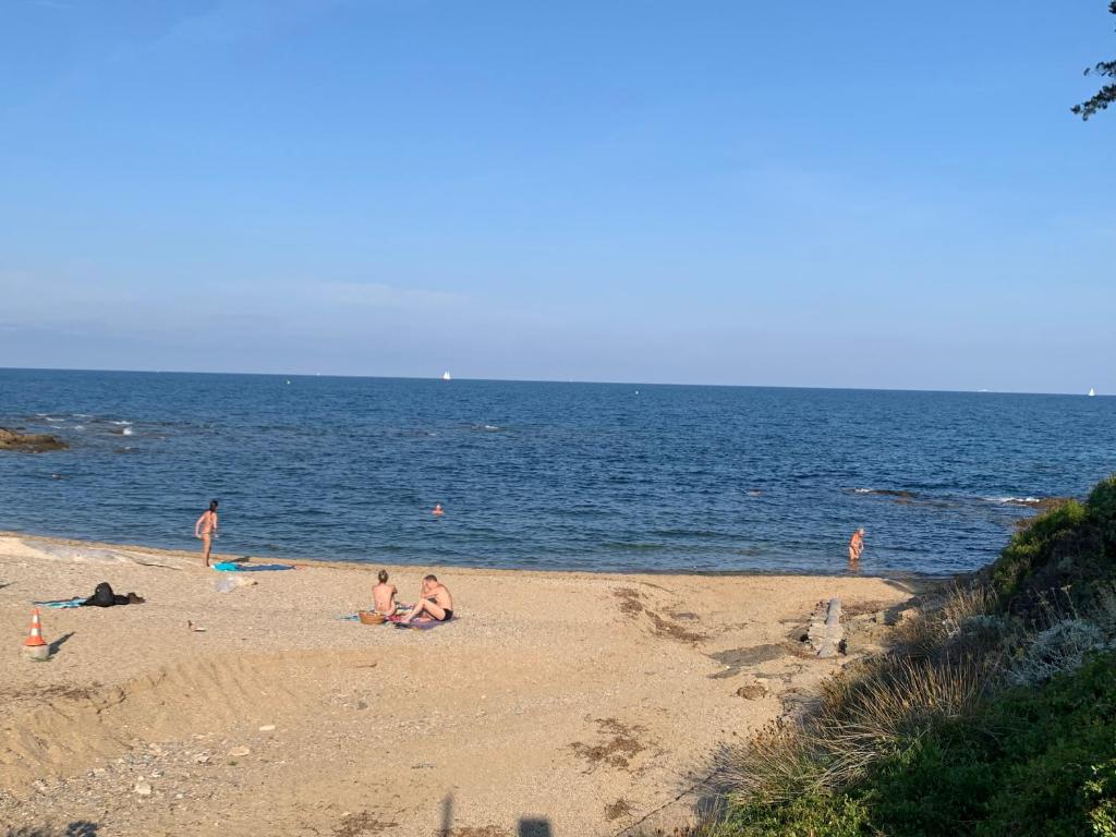 un groupe de personnes sur une plage près de l'eau dans l'établissement Au bord de la mer, à Saint-Aygulf