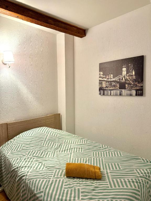 - un lit dans une chambre avec une photo sur le mur dans l'établissement Cozy hypercenter apartment, à Toulouse