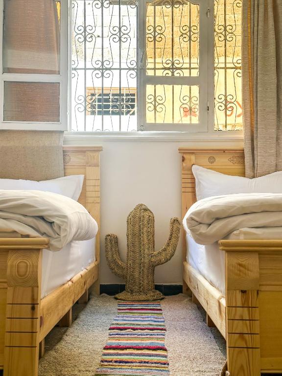 a room with two beds and a cactus sitting between them at Surf and Stay Anza - Surf Territory in Agadir