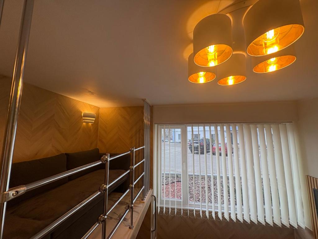 Cette chambre comprend un lustre et une fenêtre. dans l'établissement Cat Garden Premium Apartments Riga, à Riga