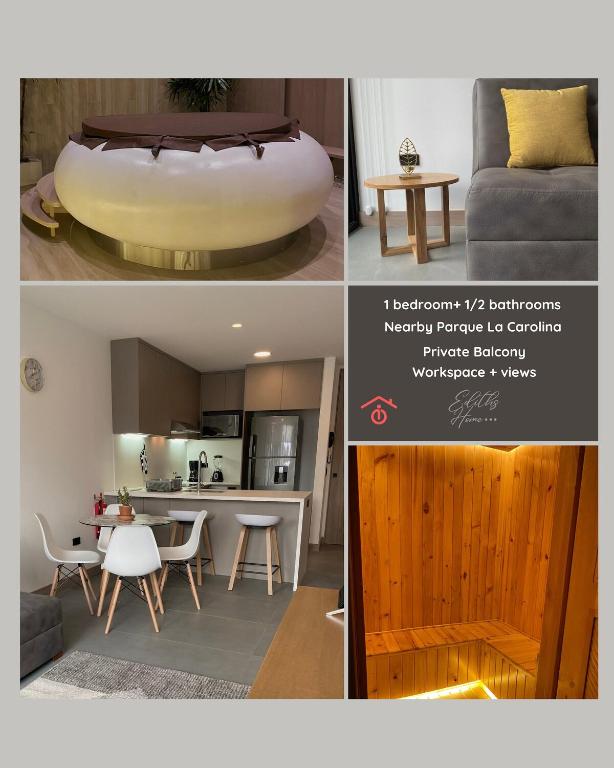 a collage of three pictures of a kitchen and a living room at Suite de lujo con balcón en Edificio NEO in Quito