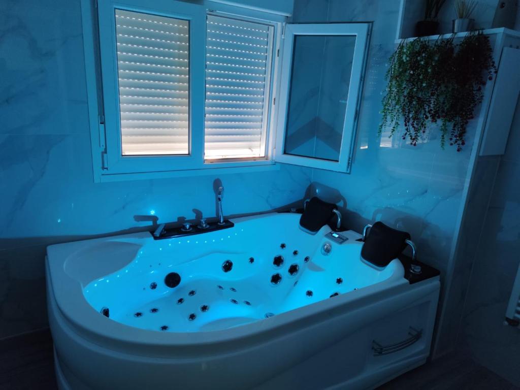 a blue bathroom with a tub with a window at Apartamento con Jacuzzi El Rincón de las Delicias in Zaragoza