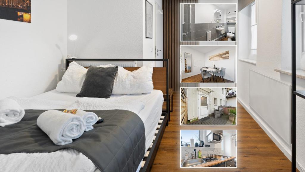 a collage of photos of a bedroom with a bed at Modernes Apartement am Rhein in ruhiger Lage in Cologne