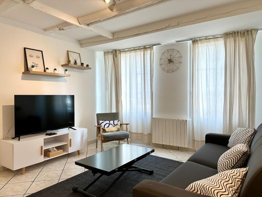 un salon avec un canapé et une télévision dans l'établissement La Tannière - 4 à 6 personnes - Lit KingSize - Proche Gare, à Nancy