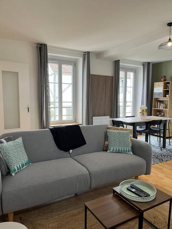 un salon avec un canapé gris et une table dans l'établissement La Fortification - Séjour à Auxerre, à Auxerre
