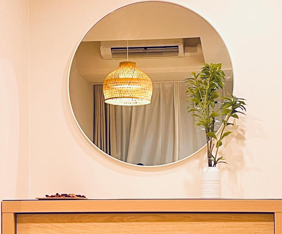 a mirror above a table with a potted plant at 新上双卧套房 最大5人 设计师风格Yaof 东京中心上野公园3分钟 车站1分钟 位置极佳超级繁华 房间内看樱花 in Tokyo