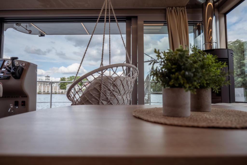 a dining room table with two potted plants on it at Nena Hausboot in Berlin