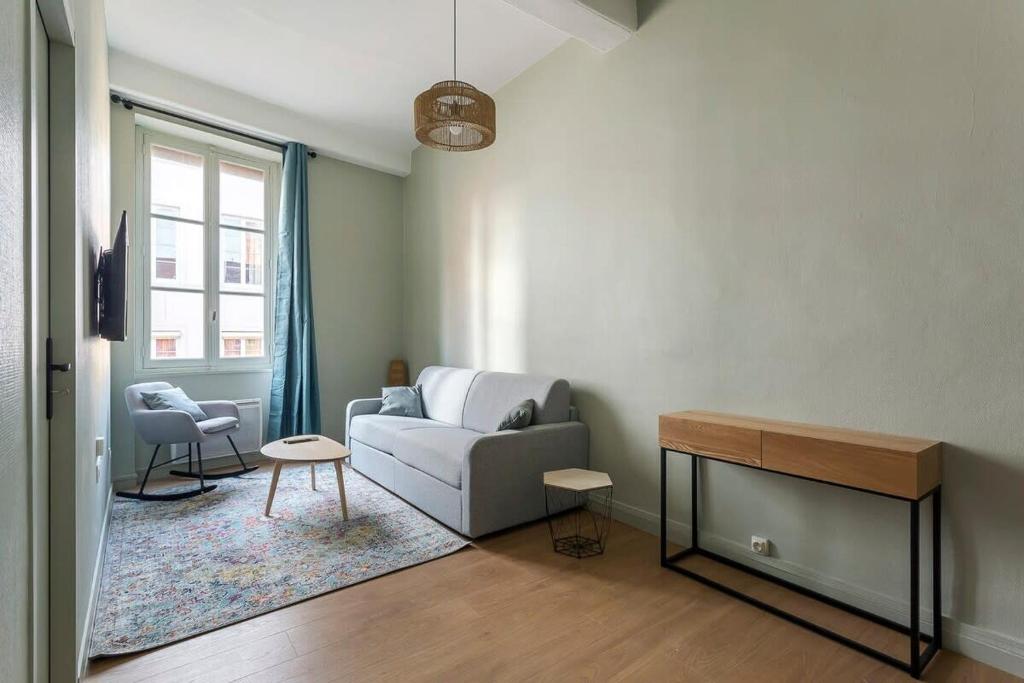 un salon avec un canapé et une chaise dans l'établissement Le Mignon Croix-Roussien - 2 voyageurs, à Lyon