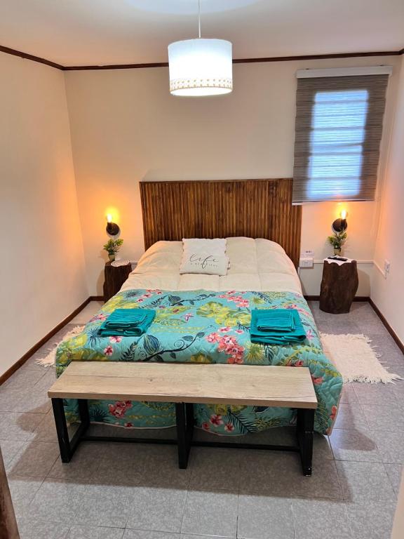 a bedroom with a large bed with a wooden headboard at Depto CENTRICO AURA in Río Gallegos
